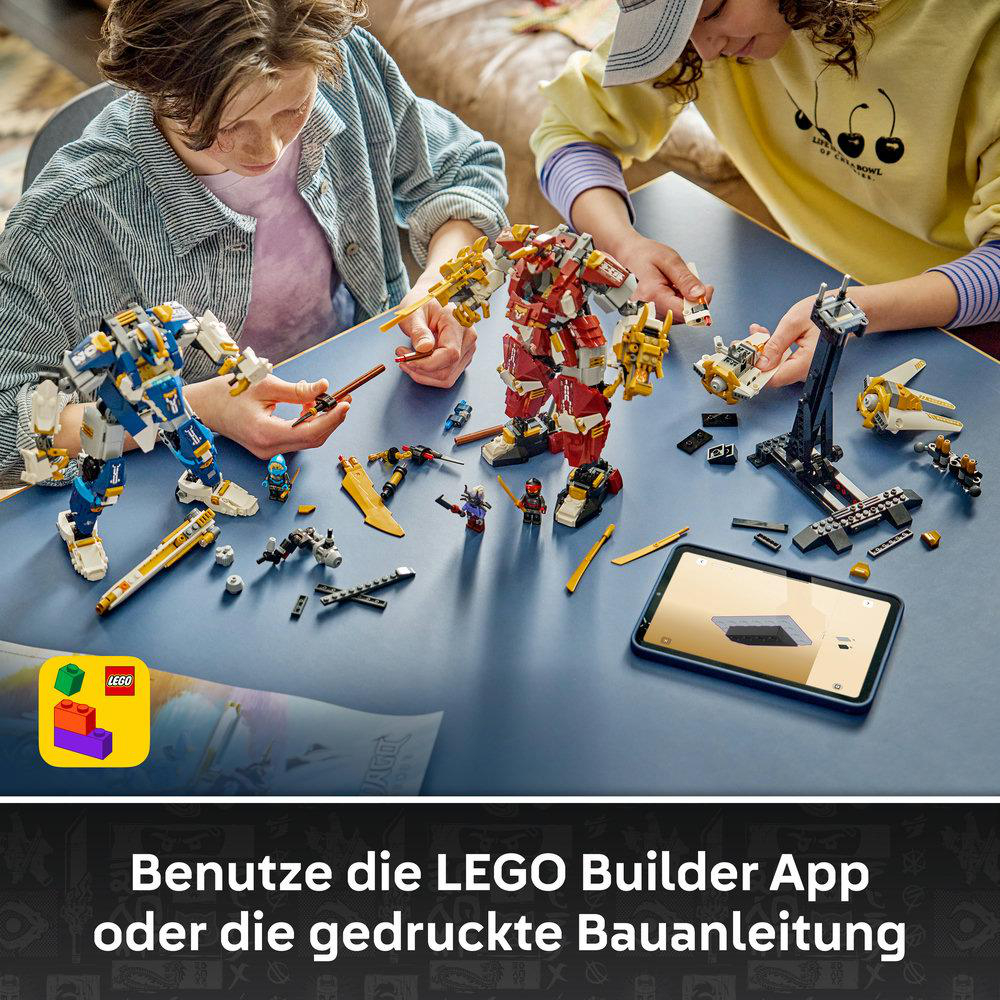 Zwei Kinder bauen LEGO-Roboter. Ein Tablet zeigt die Bauanleitung.