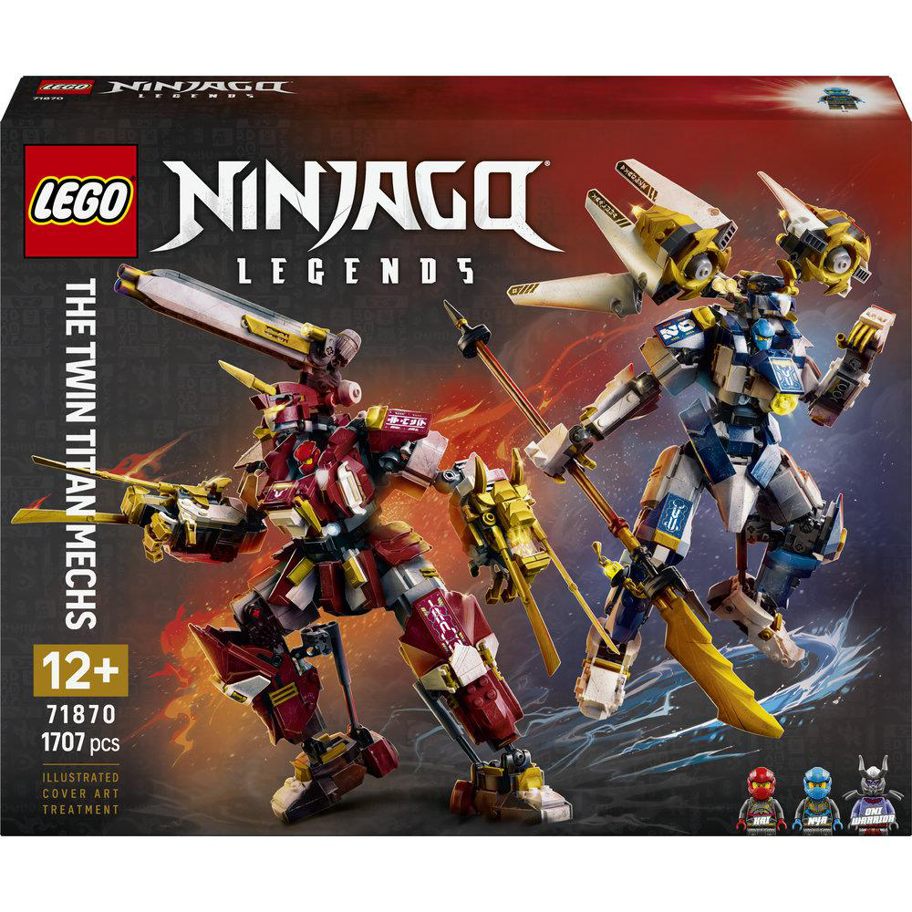 LEGO Ninjago Twin Titan Mechs Set mit zwei roten und blauen Robotern, Spielzeug.