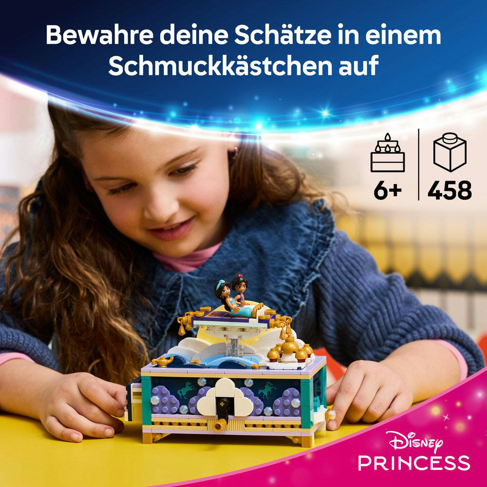 Ein Mädchen baut eine Disney Prinzessin Schmuckschatulle mit Lego-Steinen.