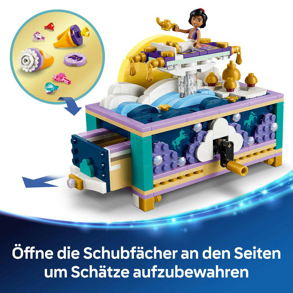 Lego-Modell mit Jasmin, Lampe und Schatztruhe. Schubfächer zum Öffnen.
