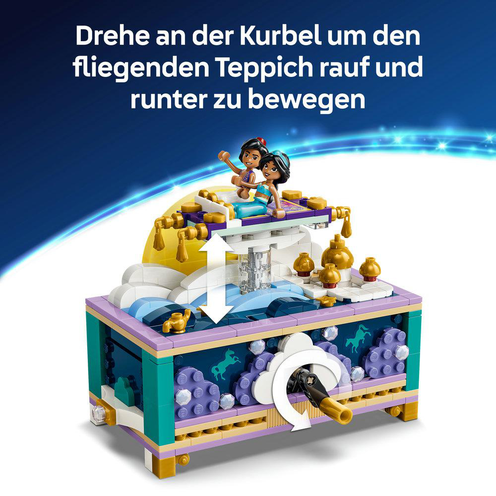Zwei Figuren auf einem fliegenden Teppich über einem bunten LEGO-Modell.