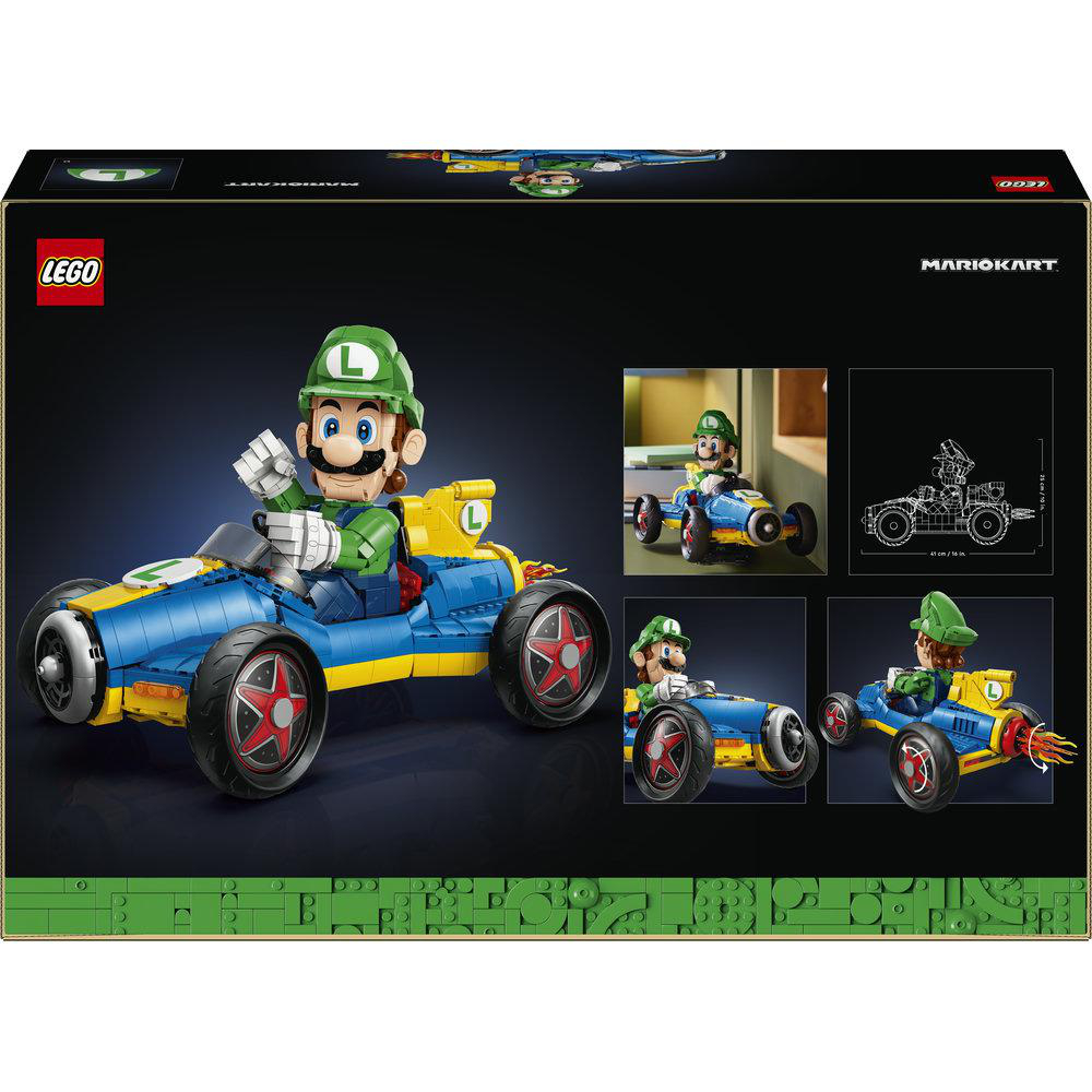 Lego Luigi in einem blauen und gelben Go-Kart mit roten Rädern, Box-Design.