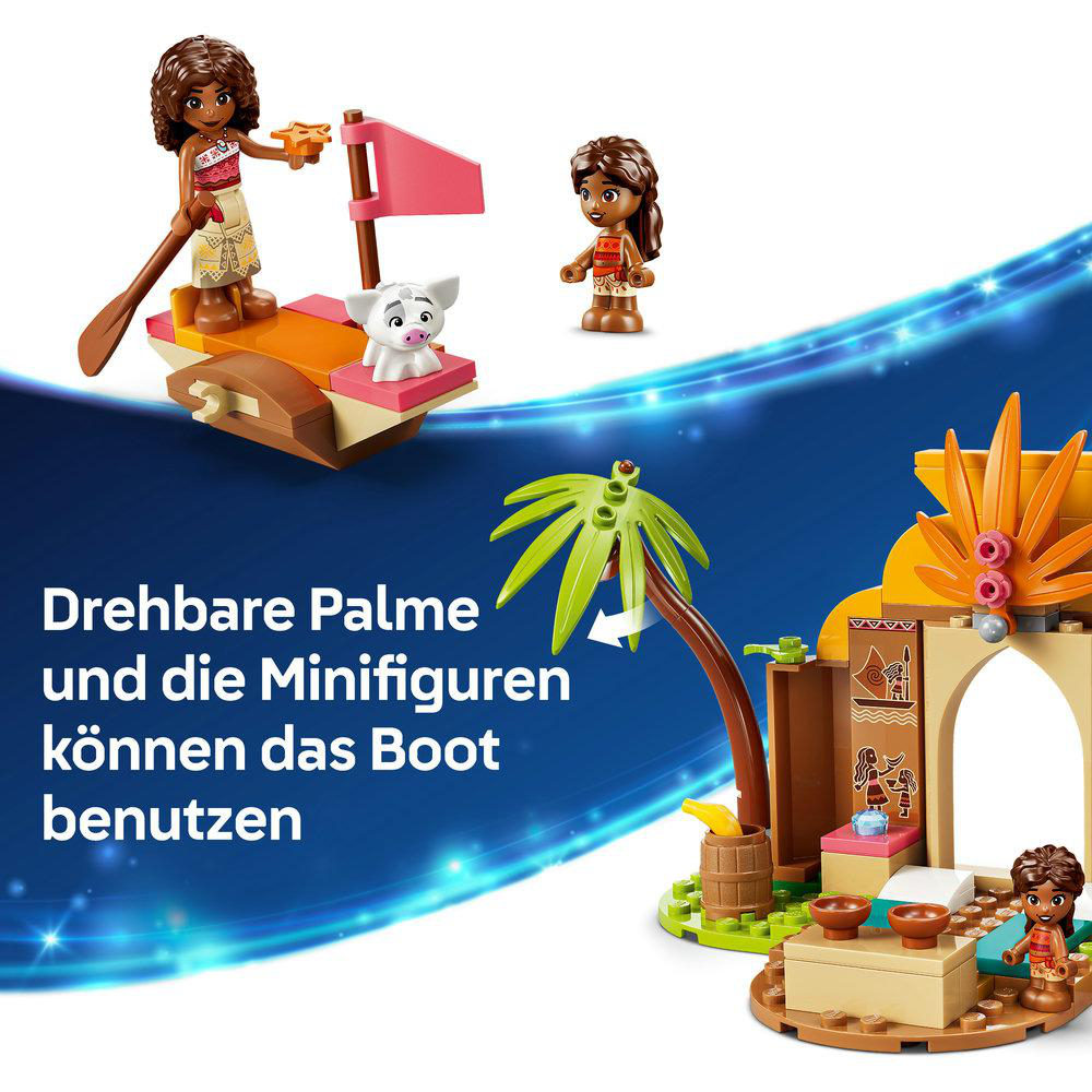 Lego-Figuren mit Boot, Palmen und Gebäude