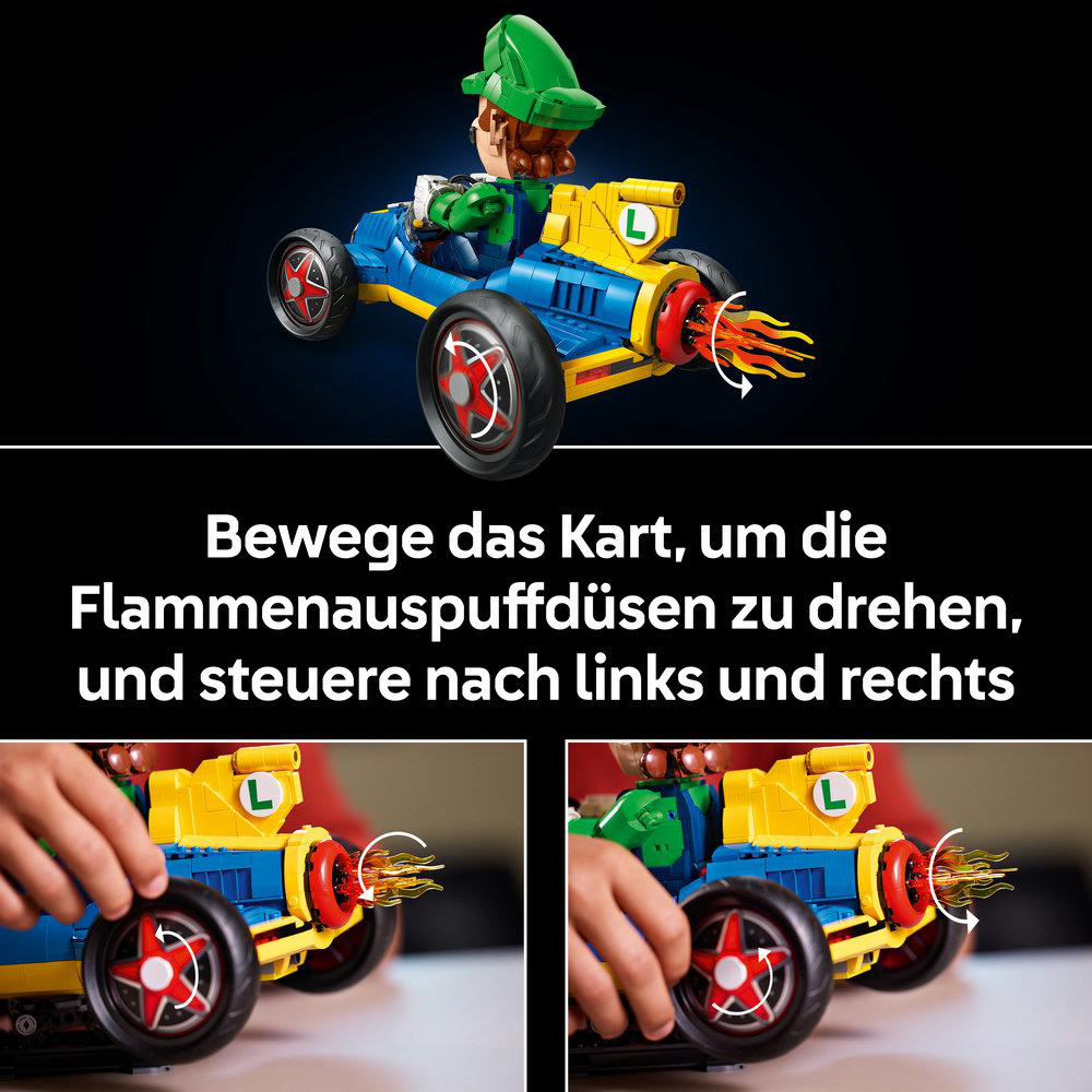 Luigi fährt in einem blauen und gelben Go-Kart mit Flammenauspuff.