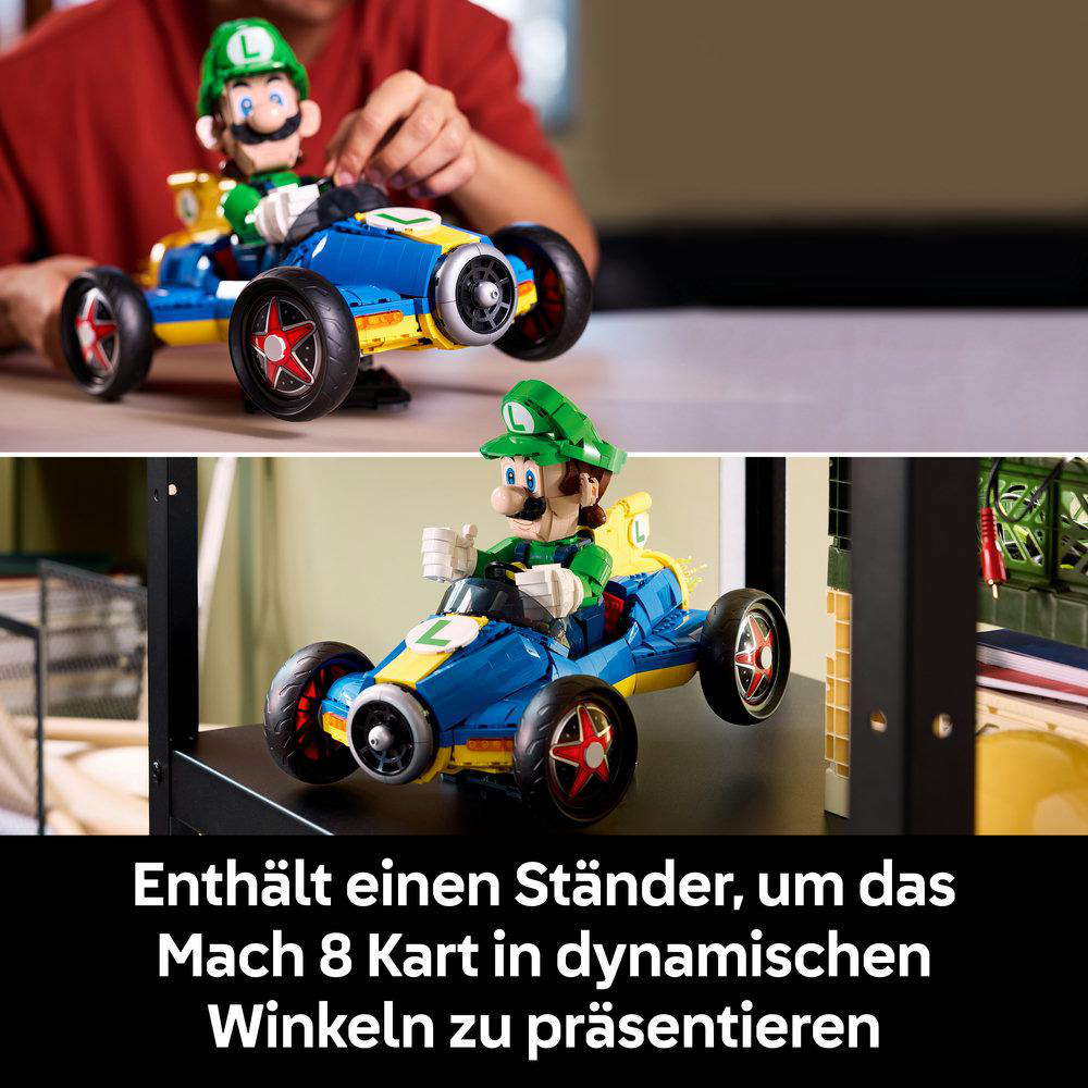 Luigi-Figur im blauen Go-Kart auf einem Präsentationsständer, im Hintergrund ein zweites Kart.