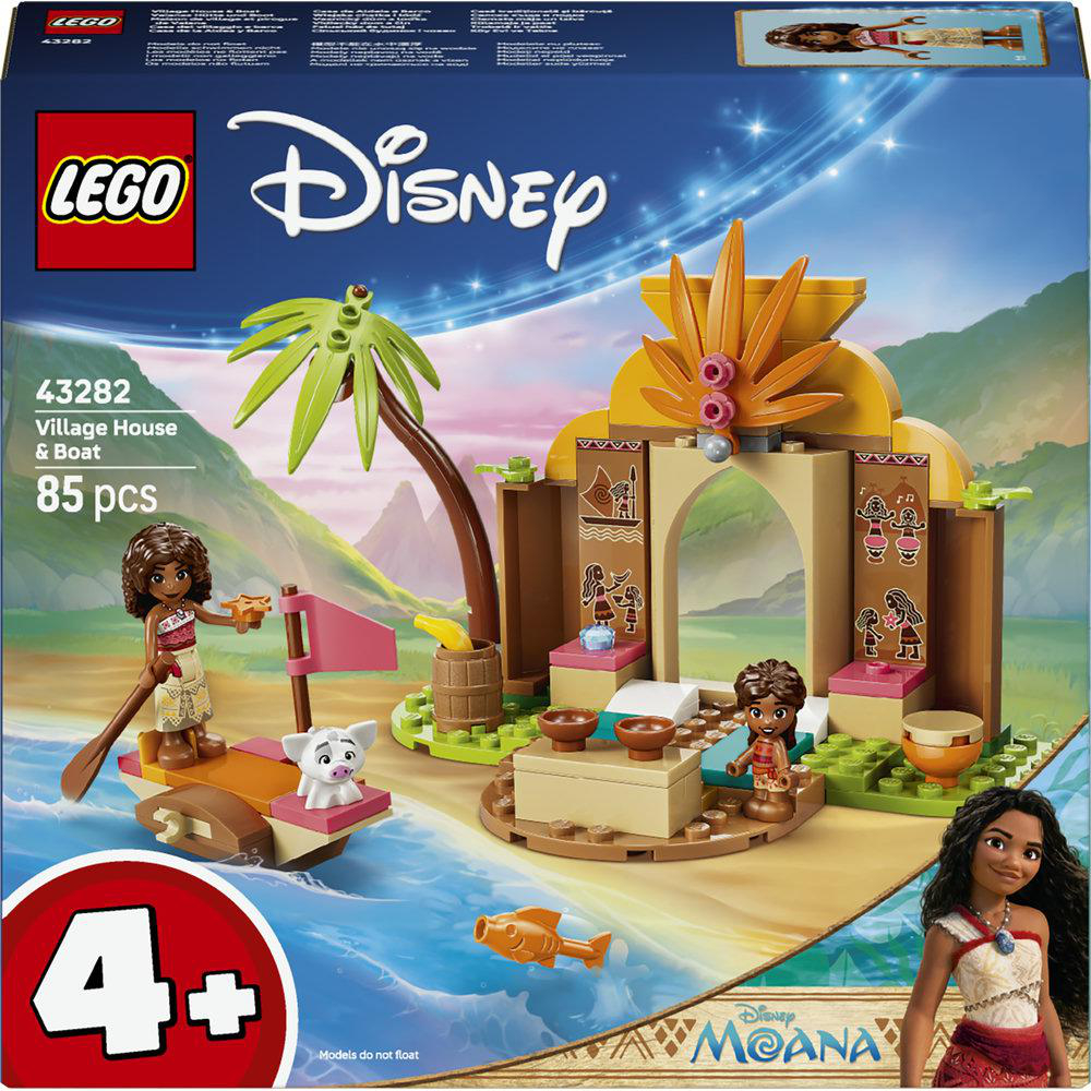 Lego-Set: Dorfhaus & Boot mit Moana-Figuren, Boot, Haus und Palmen.