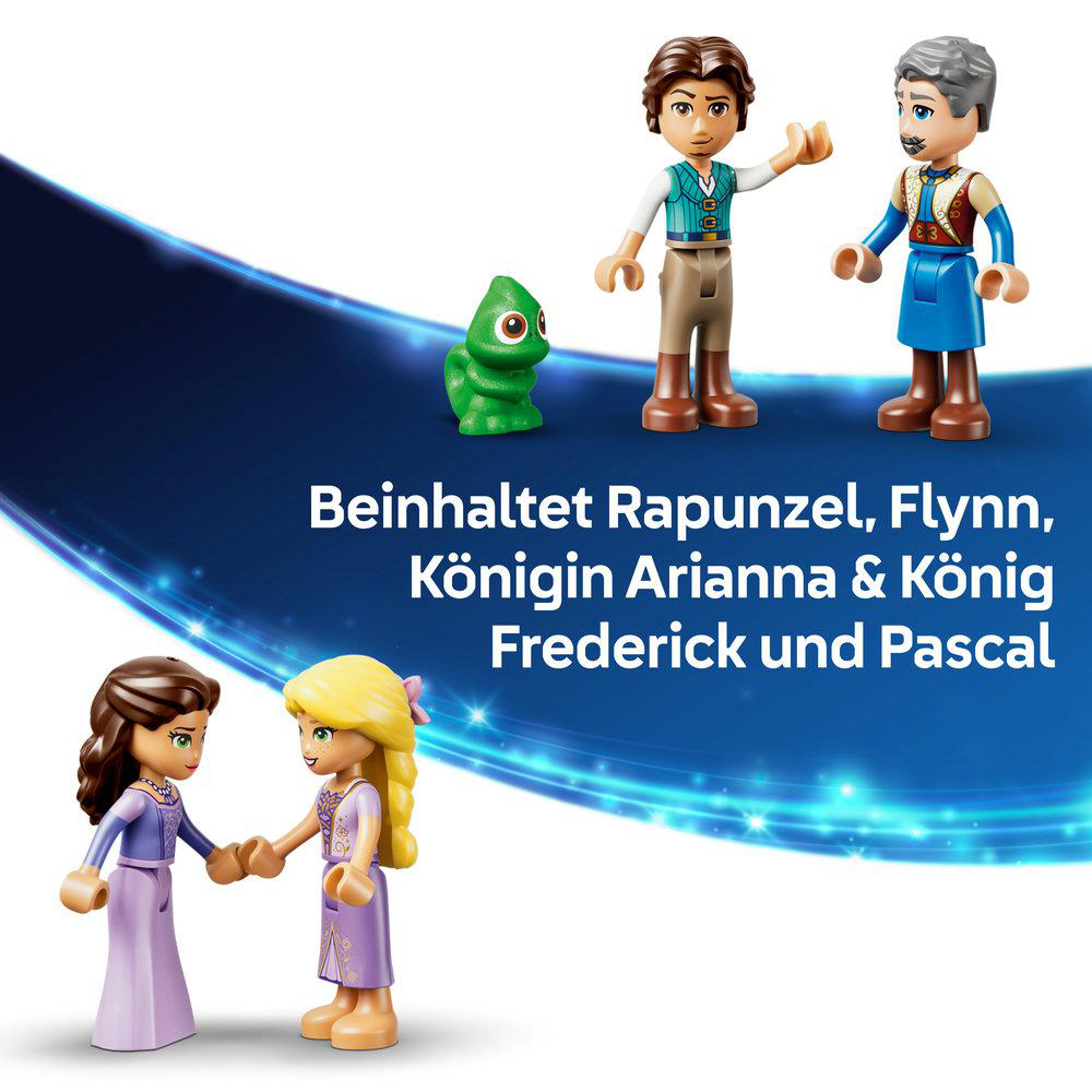 Figuren Rapunzel, Flynn, Königin Arianna, König Frederick und Pascal.