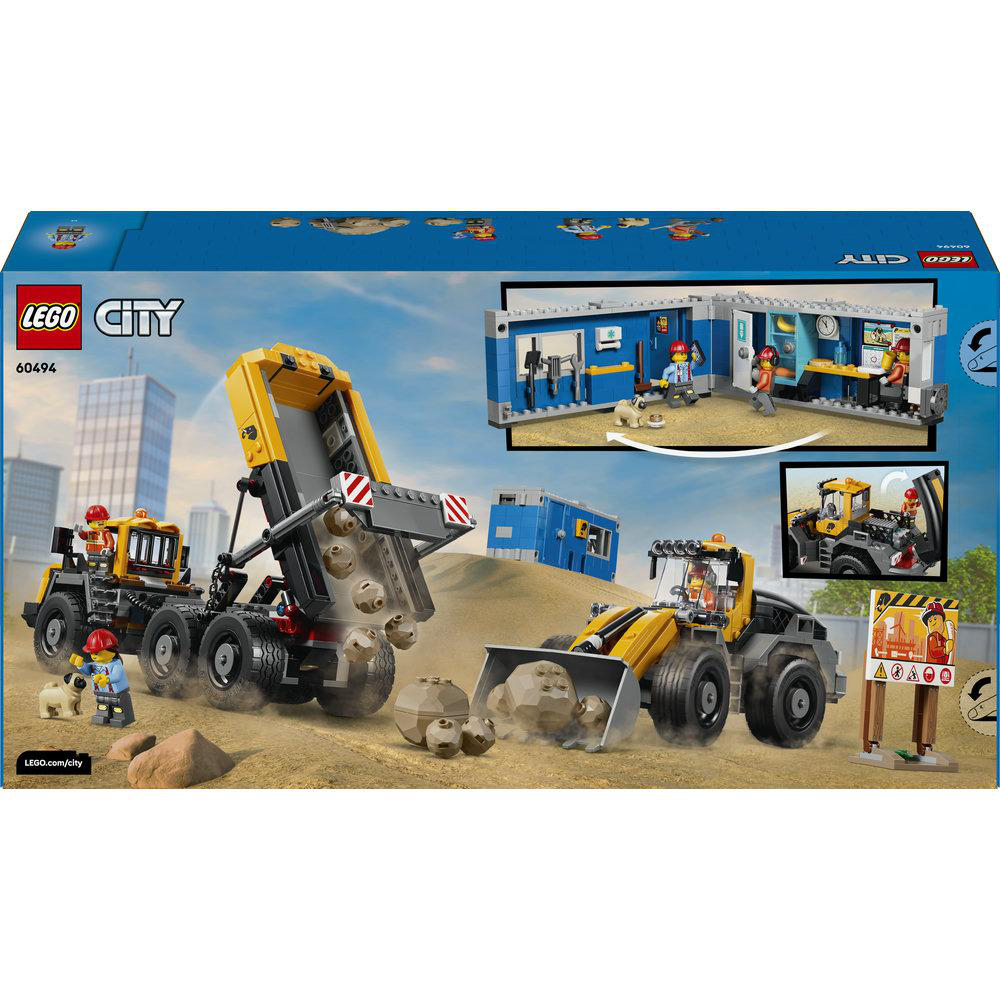 LEGO City Baufahrzeuge: Kipplaster lädt Steine, Radlader schiebt Material.