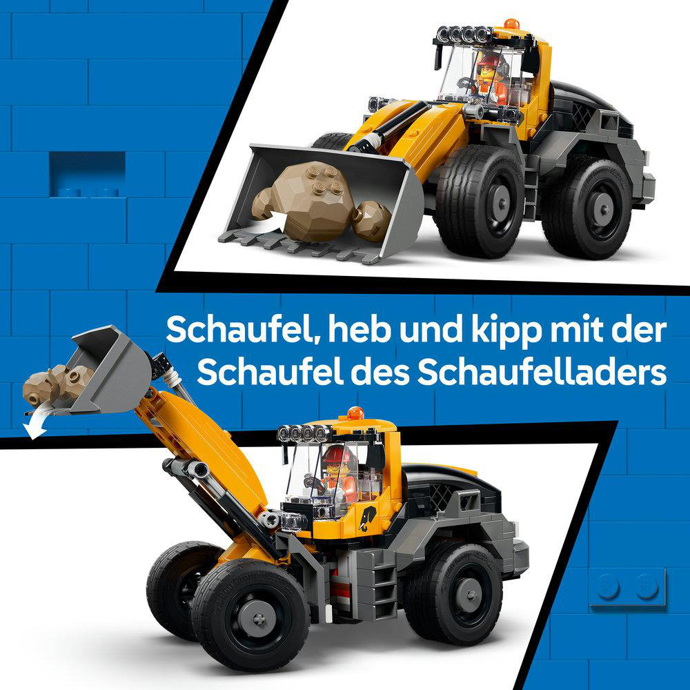 Ein gelber Radlader mit einer Schaufel voller Steine vor blauem Hintergrund.