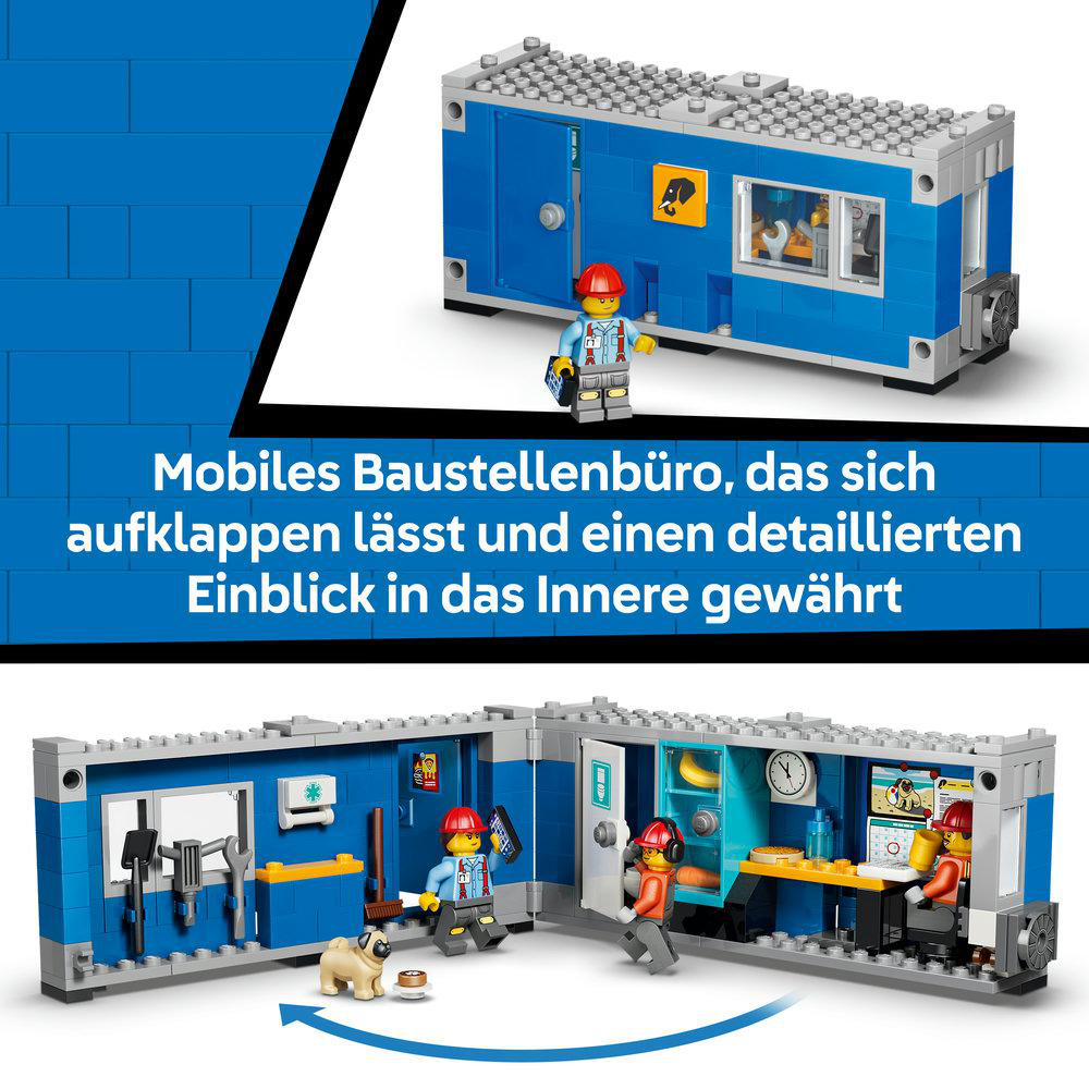 Aufklappbares Baustellenbüro mit Lego-Figuren, Werkzeug und Möbeln.