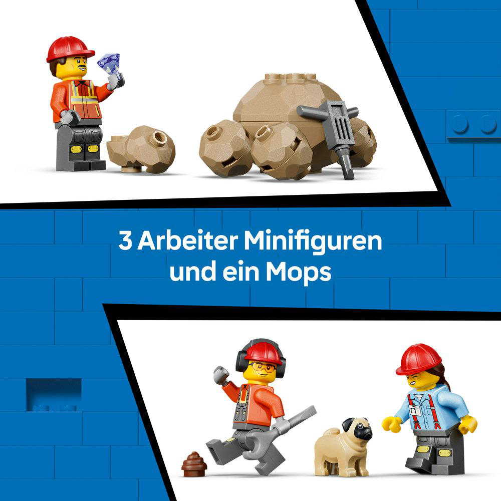 Lego-Minifiguren mit Konstruktionsspielzeug und einem Mops.