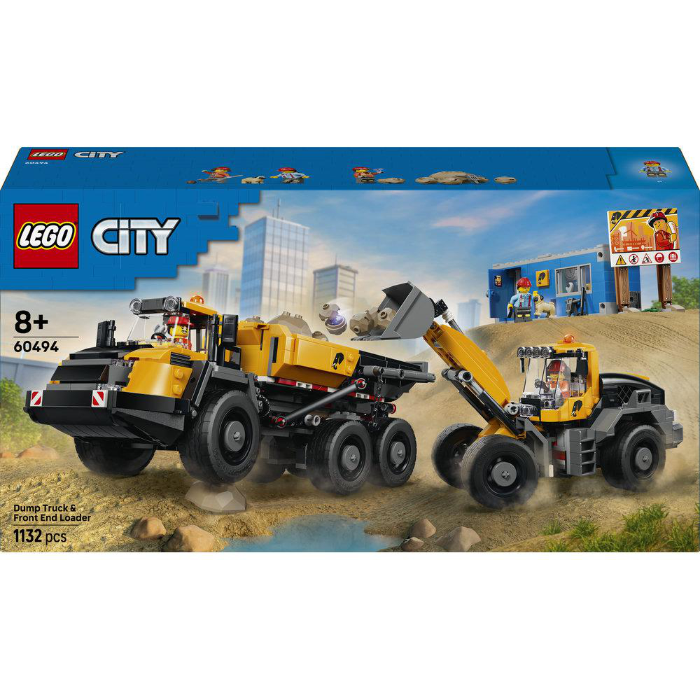 LEGO City Bausatz: gelber Kipper und Lader, Baustelle mit Figuren.