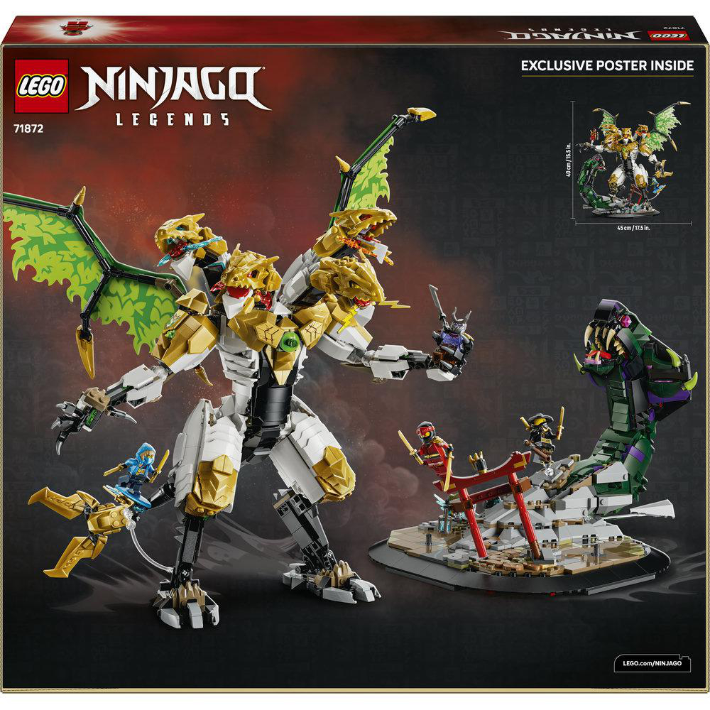 LEGO Ninjago Set mit goldenem Drachen-Mech, grünen Flügeln und Minifiguren.