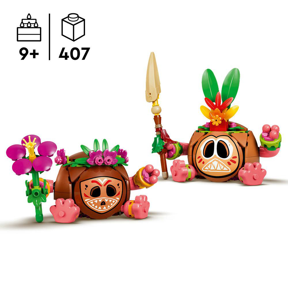 Zwei braune Lego-Figuren mit Blumen und Federschmuck, eine mit Speer.
