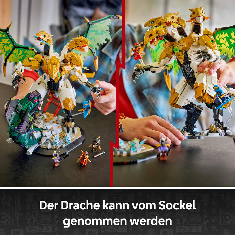 Goldener Lego Drache mit grünen Flügeln und kleinen Figuren auf einem Sockel.
