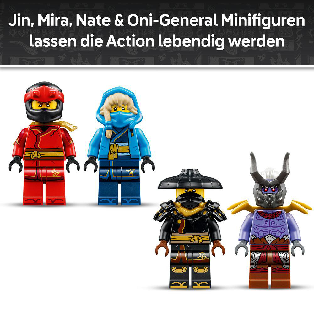 Vier Ninjago-Minifiguren: Rot, Blau, Schwarz und Lila mit Hörnern.