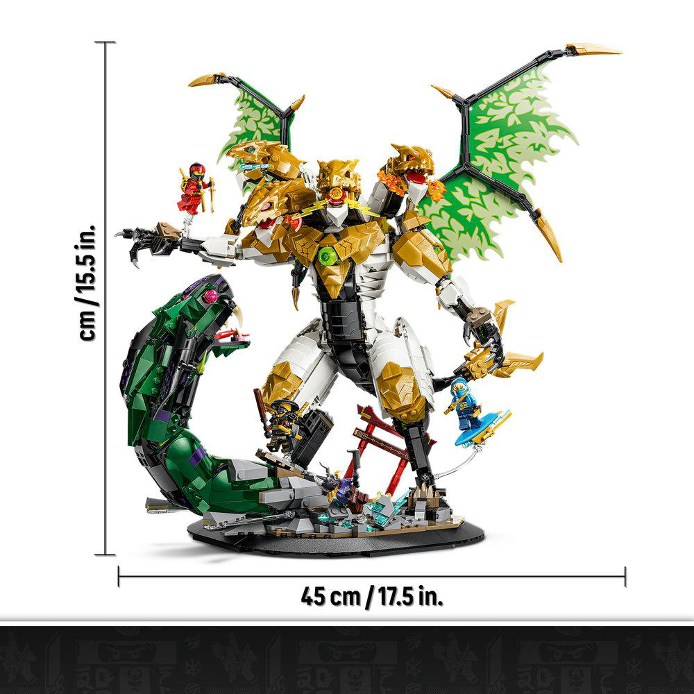Goldener Drachen-Roboter mit grünen Flügeln und Schlangenbasis.