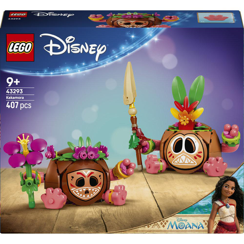 Lego Disney Kakamora Set mit zwei Figuren und einer Blume auf Holzhintergrund.