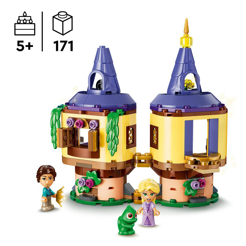 Zwei gelbe und lila Lego-Türme mit Figuren: Junge, Mädchen, grüne Eidechse.