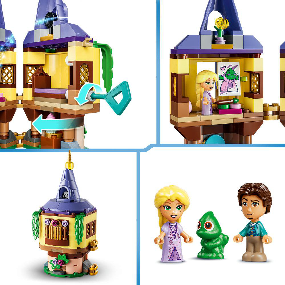 LEGO-Turm mit Figuren: Rapunzel, Pascal und Flynn Rider.