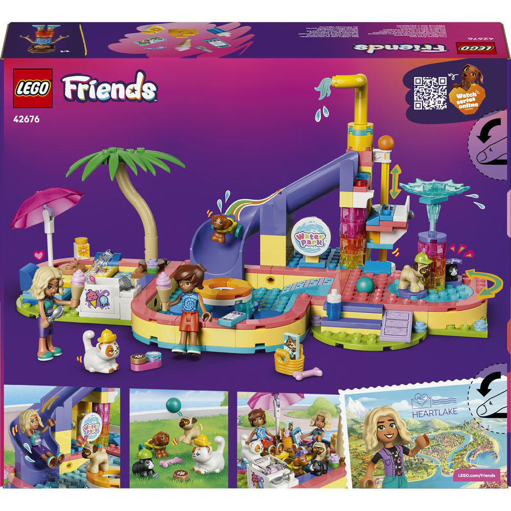 Lego Friends Wasserpark mit Rutsche, Figuren und Tieren. Unten sind Szenen mit Figuren und Tiere.