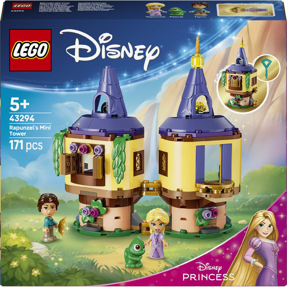 LEGO Rapunzels Mini-Turm-Set mit Figuren von Rapunzel, Flynn und Pascal.