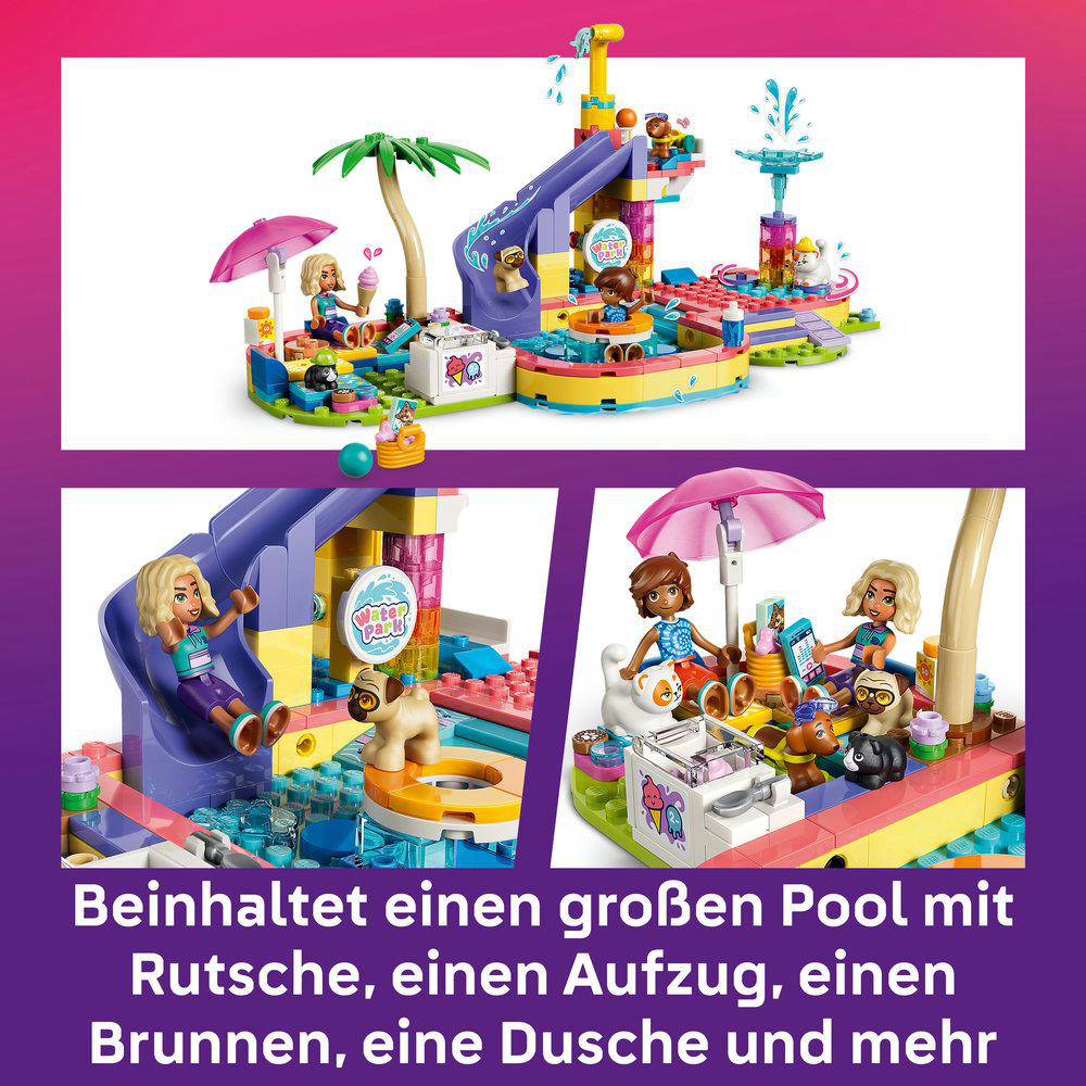 Ein farbenfroher Wasserpark-Spielplatz mit Rutschen, Pools und Figuren. Enthält einen großen Pool, Rutsche, Aufzug, Brunnen, Dusche und mehr.