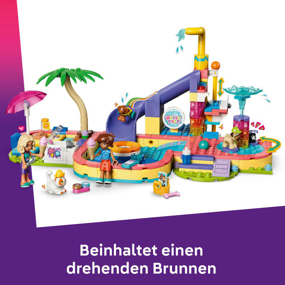 Ein buntes Lego-Wasserspielplatz-Set mit Figuren und Tieren.