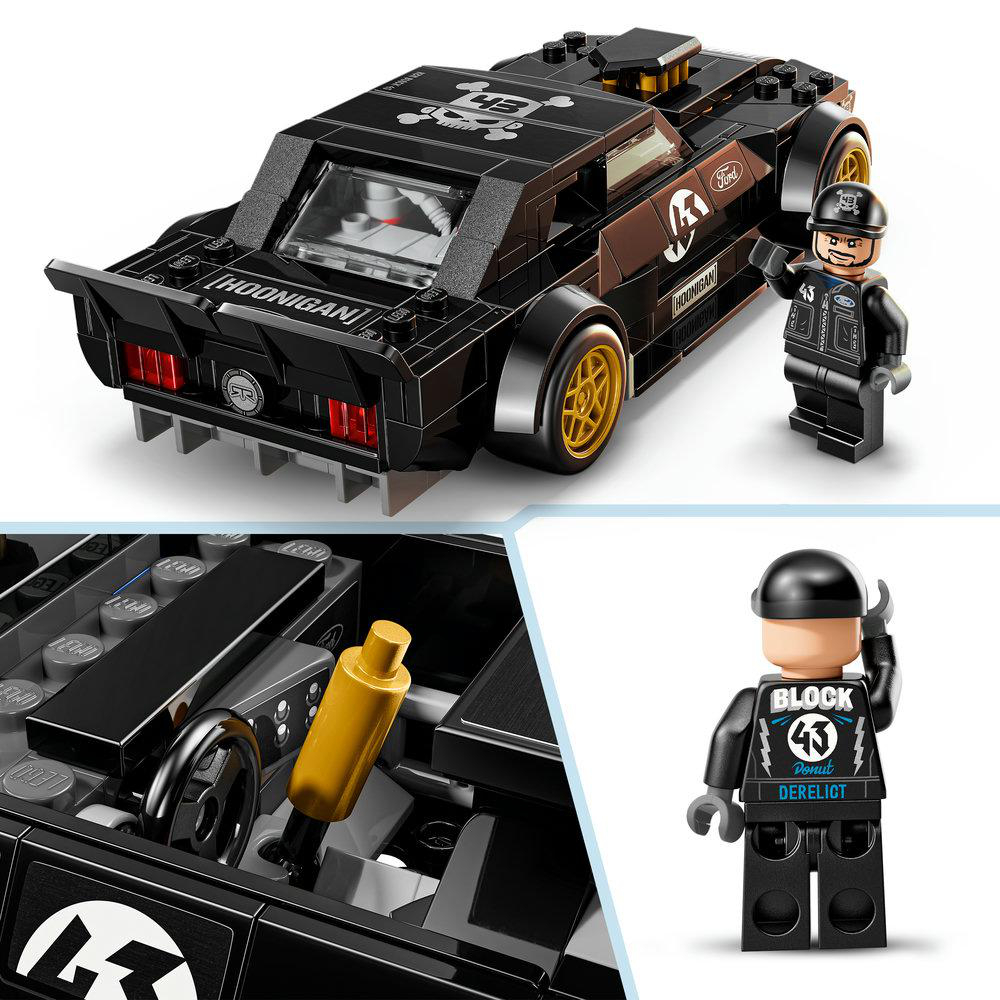 Schwarzer Lego-Rennwagen mit goldenen Rädern und einer Minifigur daneben.