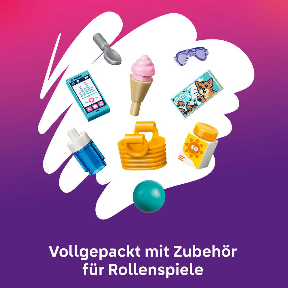 Spielzeug-Zubehör: Handy, Eis, Sonnencreme, Brille, Ball, Löffel, Stapel.