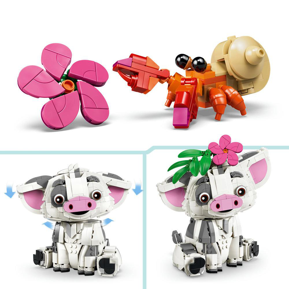 Ein LEGO-Bastelset mit einem Hermitkrabben, einer Blume und zwei Darstellungen eines Schweins.