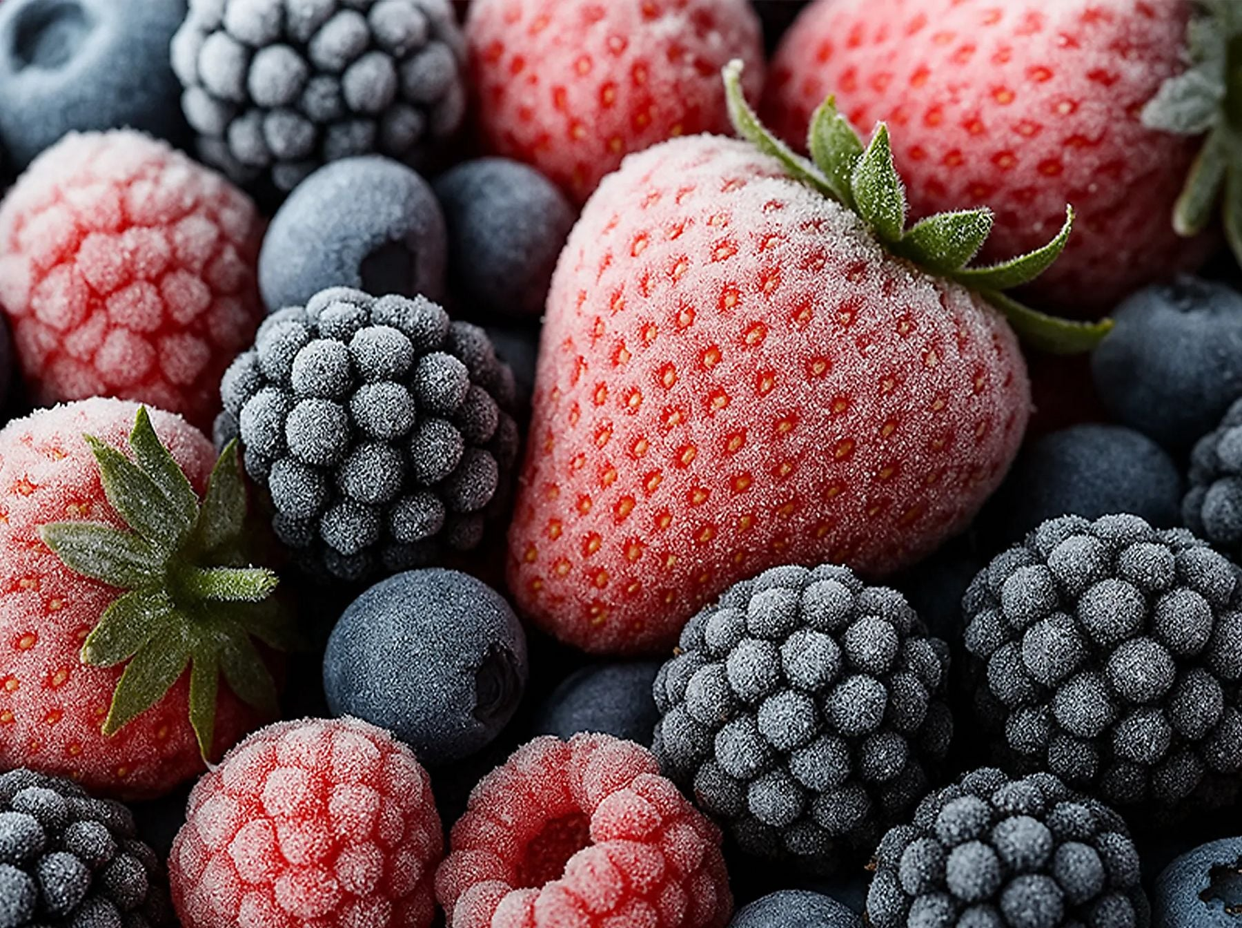 Fagyasztott eper, kék- és szeder, valamint málna közelképe, dérrel borítva.