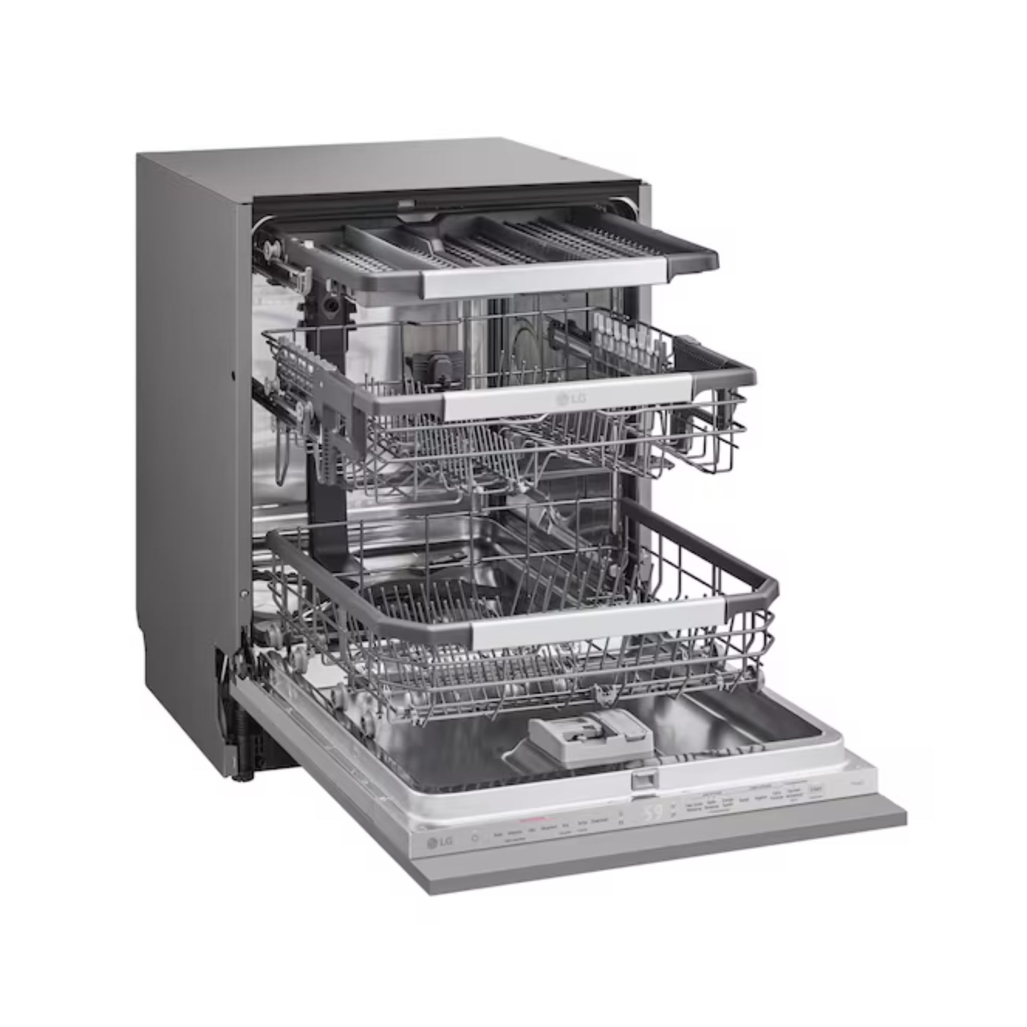Un lavavajillas LG gris con tres cestas extraíbles y panel de control.
