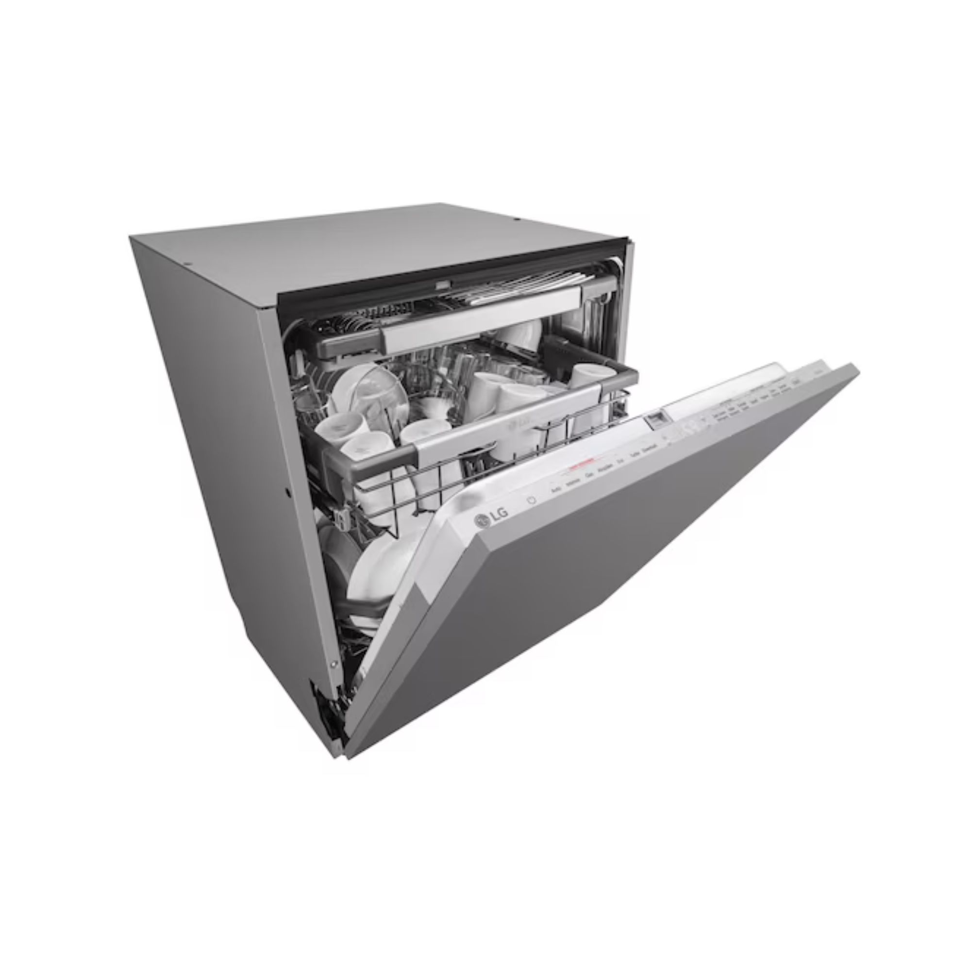 Un lavavajillas LG plateado con la puerta abierta, lleno de platos blancos.