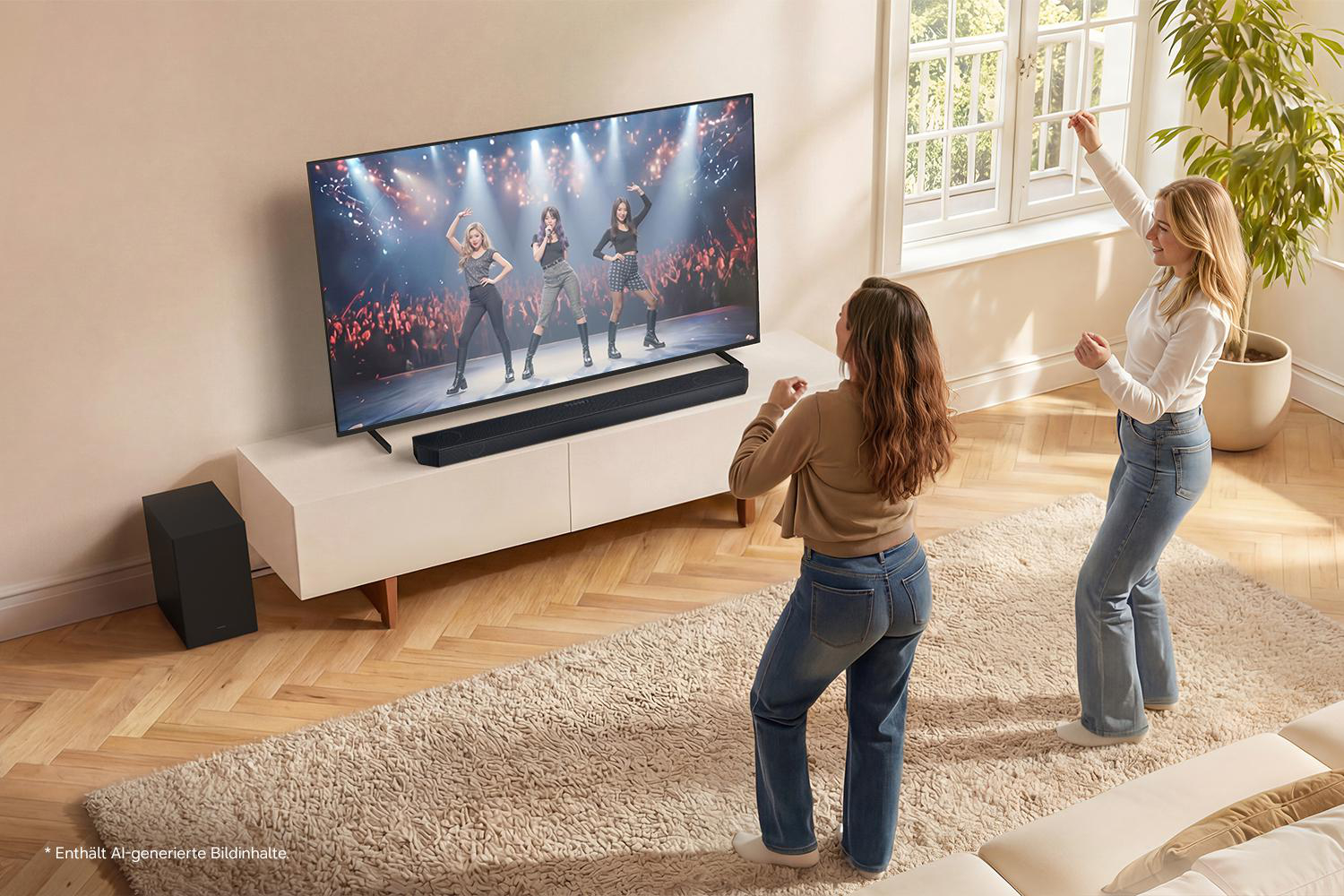 Zwei Frauen tanzen vor einem Fernseher, der eine Band zeigt.