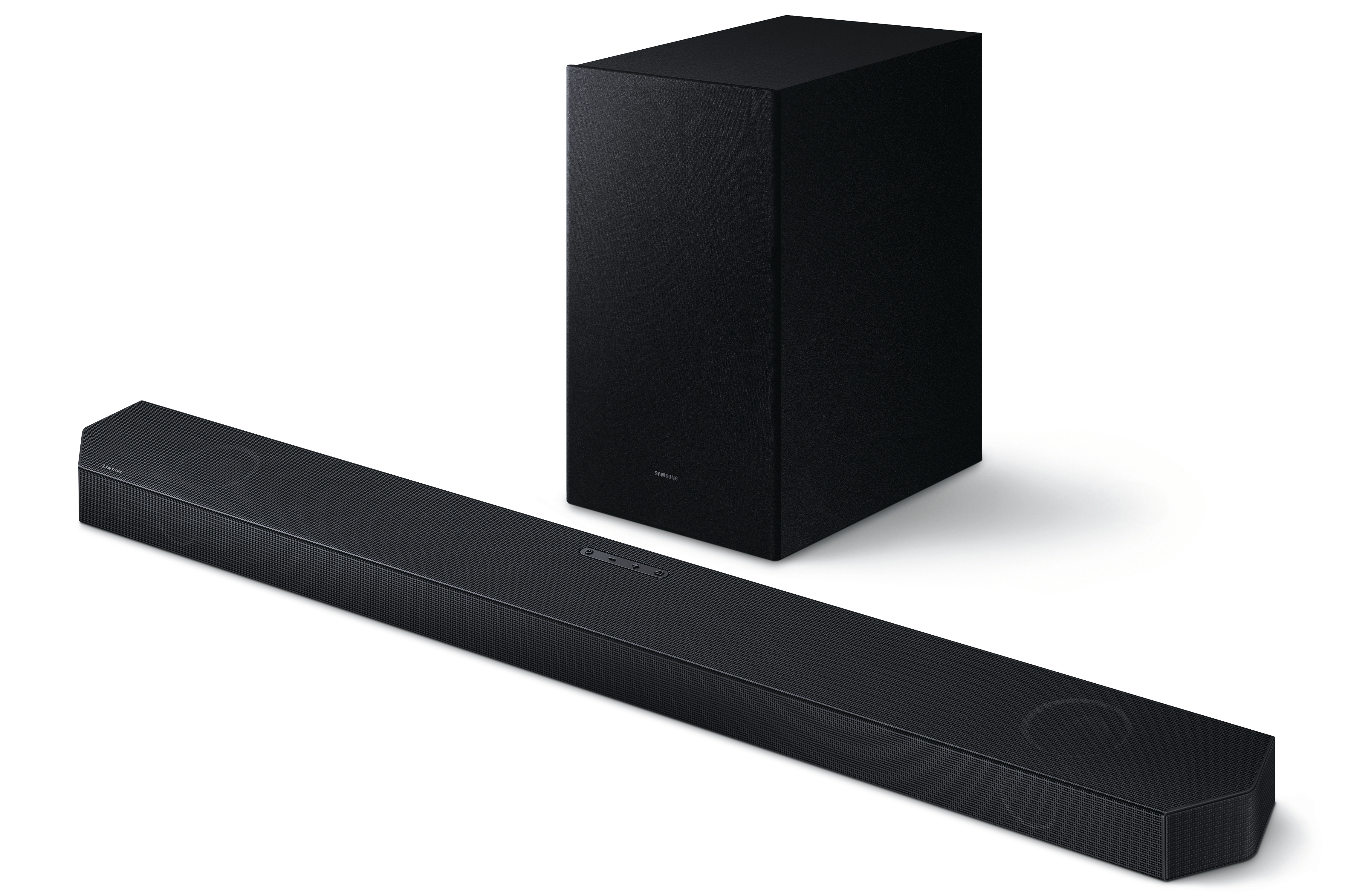 Schwarze Soundbar und Subwoofer auf weißem Hintergrund.