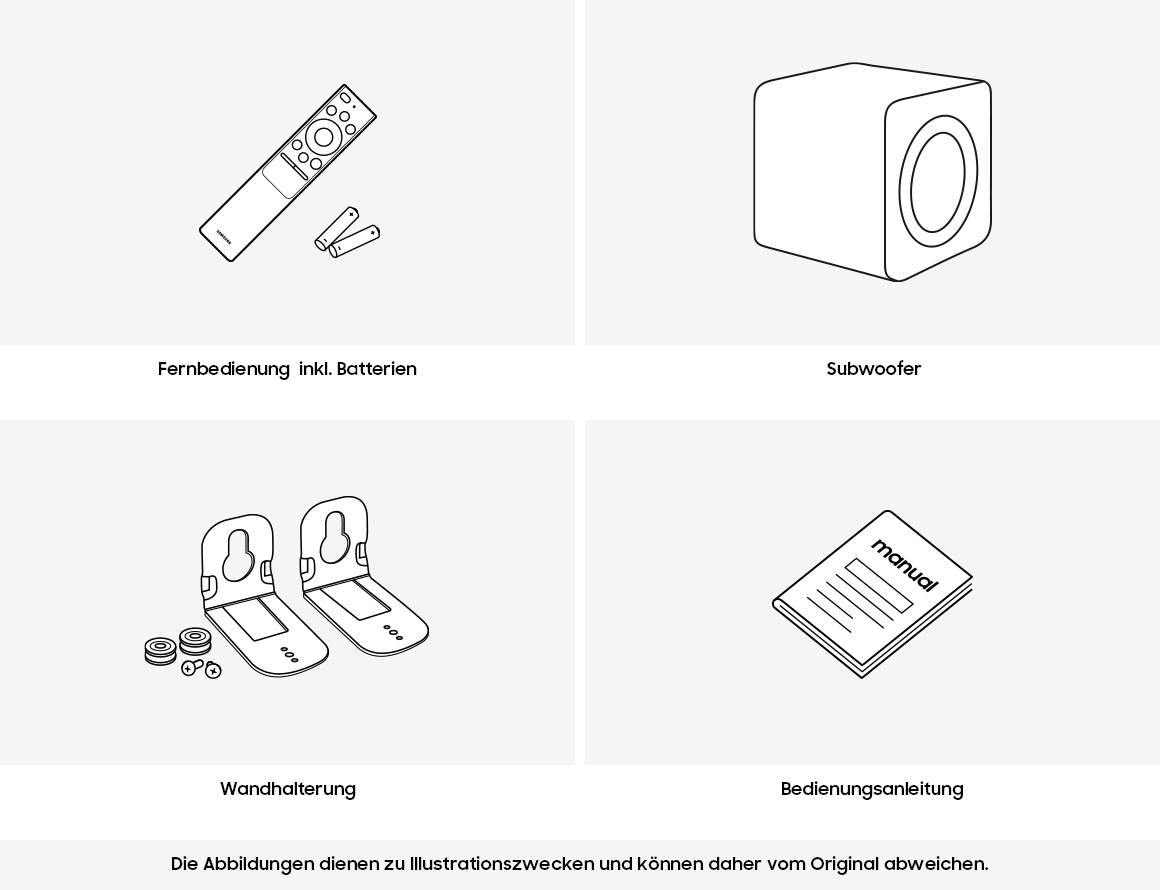 Fernbedienung, Subwoofer, Wandhalterung und Anleitung.