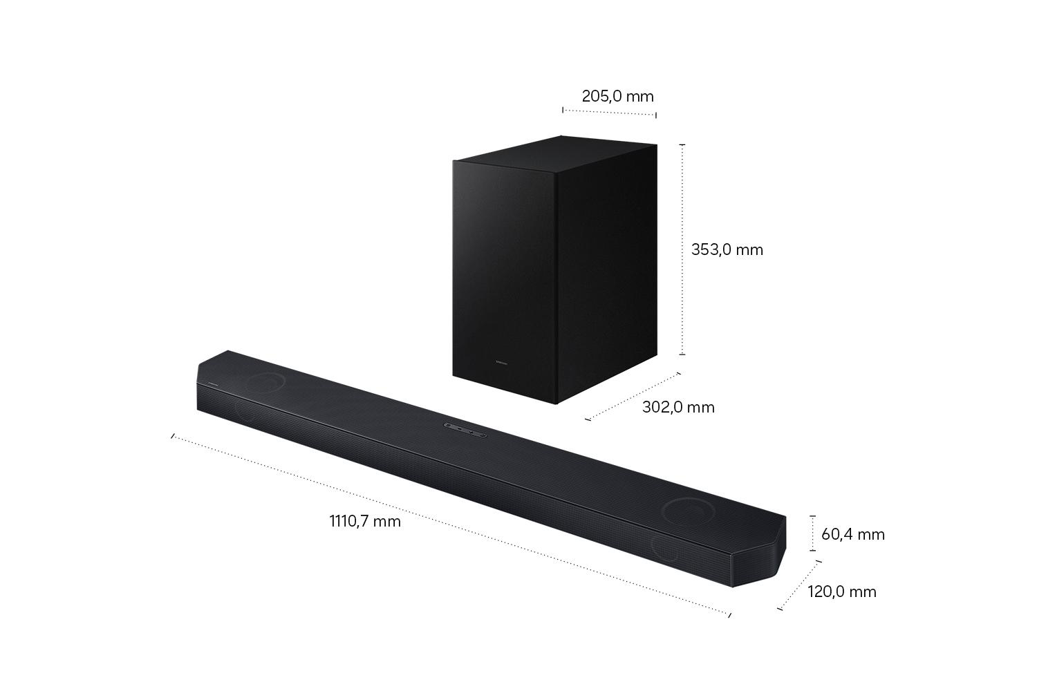 Schwarzer Subwoofer und Soundbar mit Maßangaben.