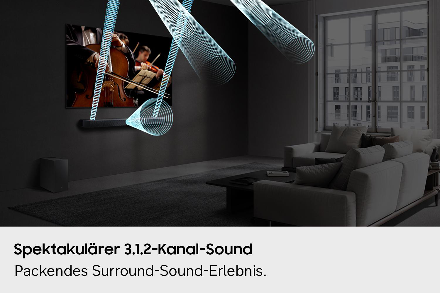 Ein Heimkino mit Fernseher, Soundbar, Subwoofer und Orchester. Blaue Wellen visualisieren Ton.