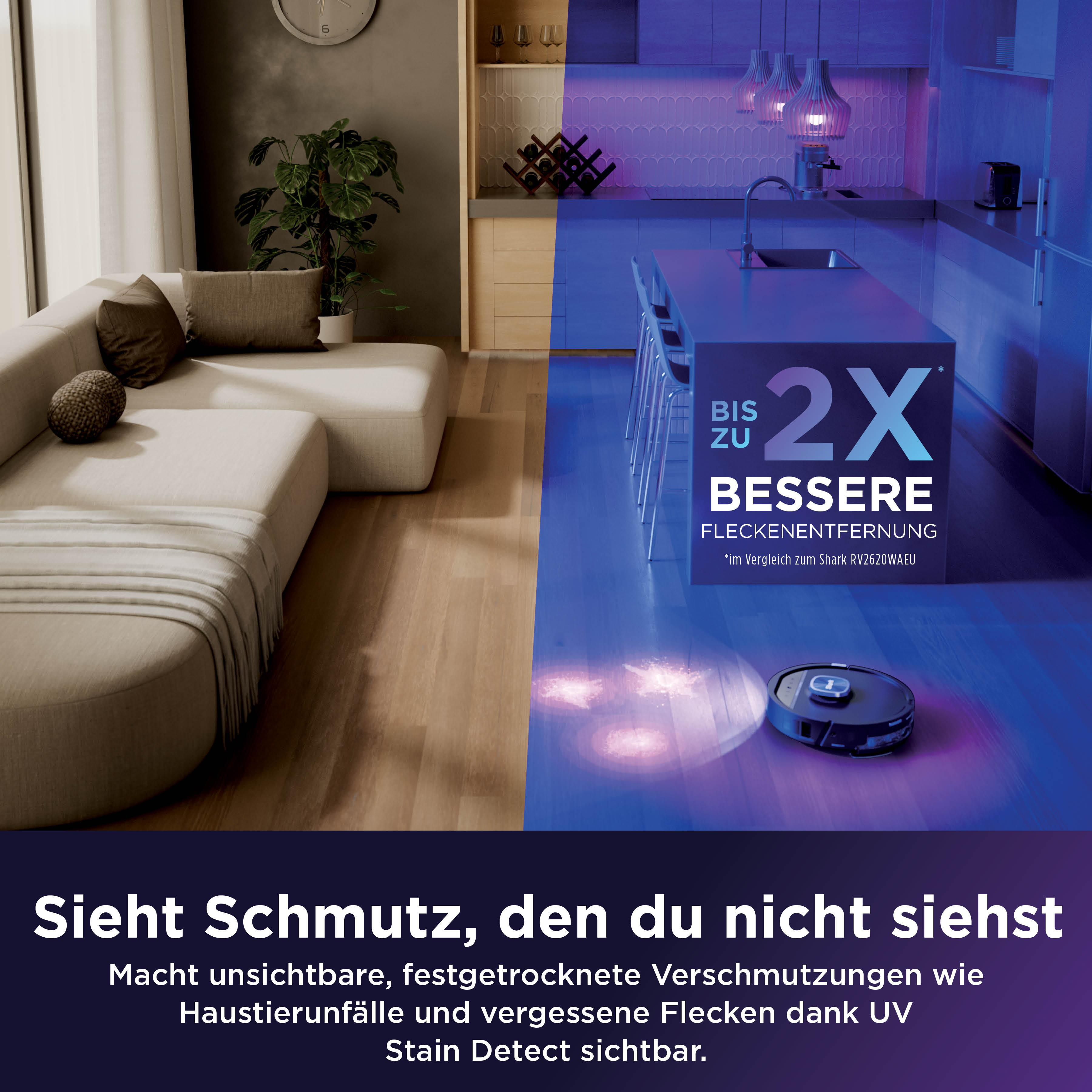 Ein Roboterstaubsauger reinigt einen Boden, der durch UV-Licht beleuchtet wird.