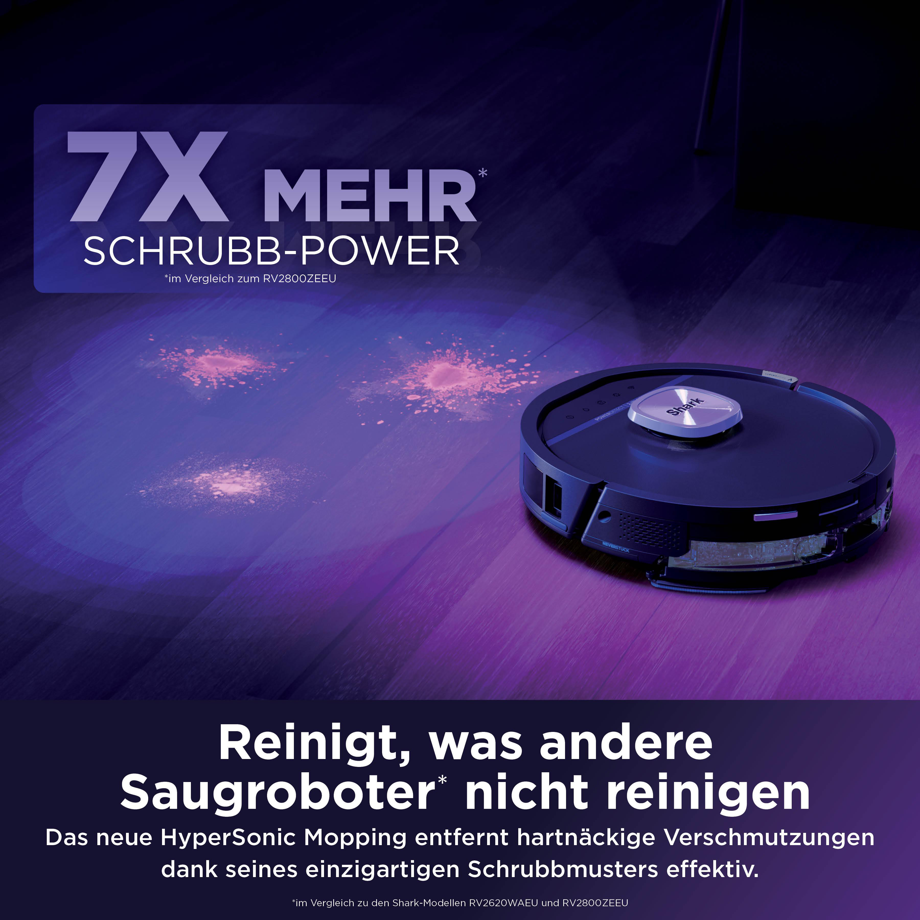 Ein Saugroboter auf einem Holzboden mit lila Lichteffekten und Text.