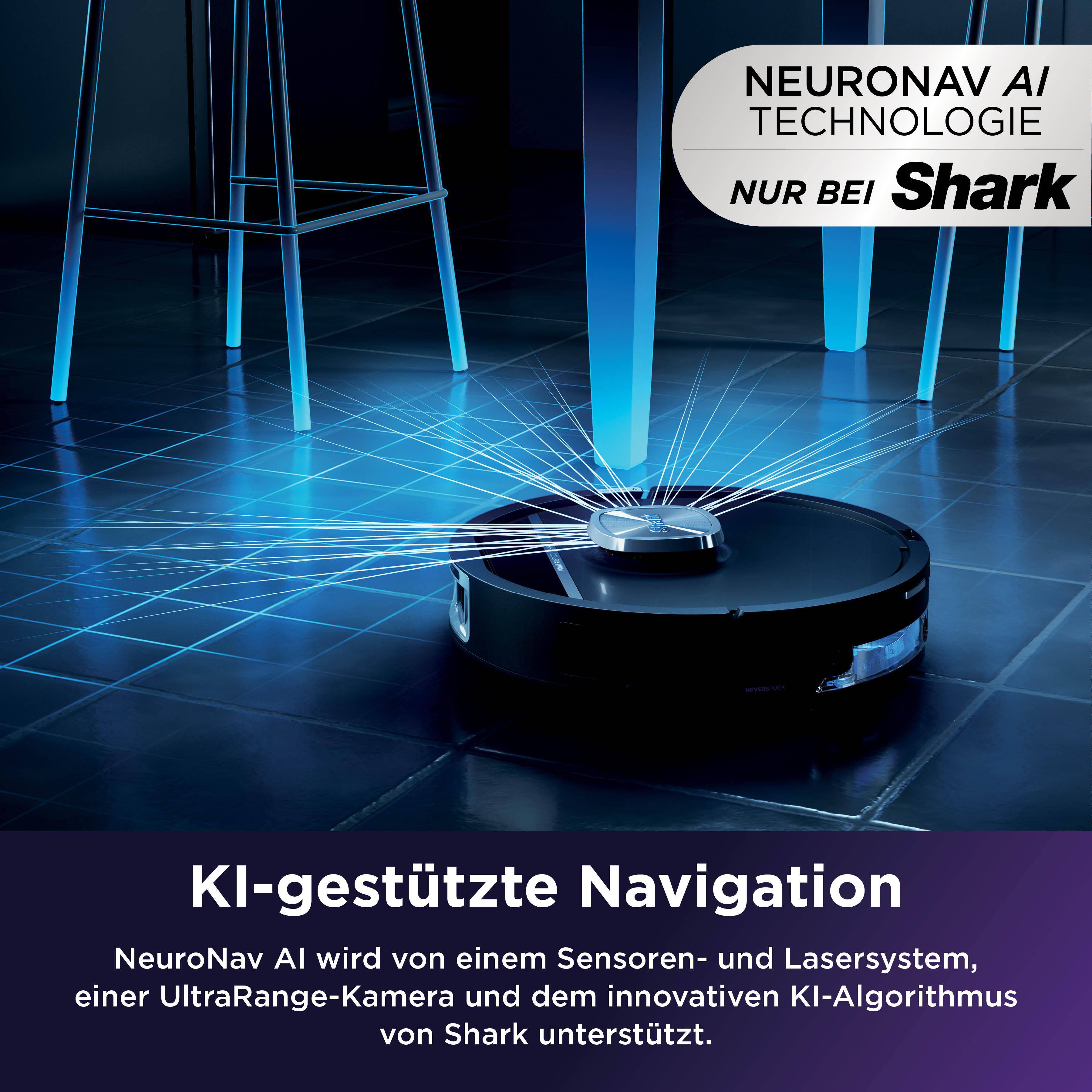 Ein Saugroboter mit blauen Laserlinien auf dunklem Boden vor Tischbeinen.