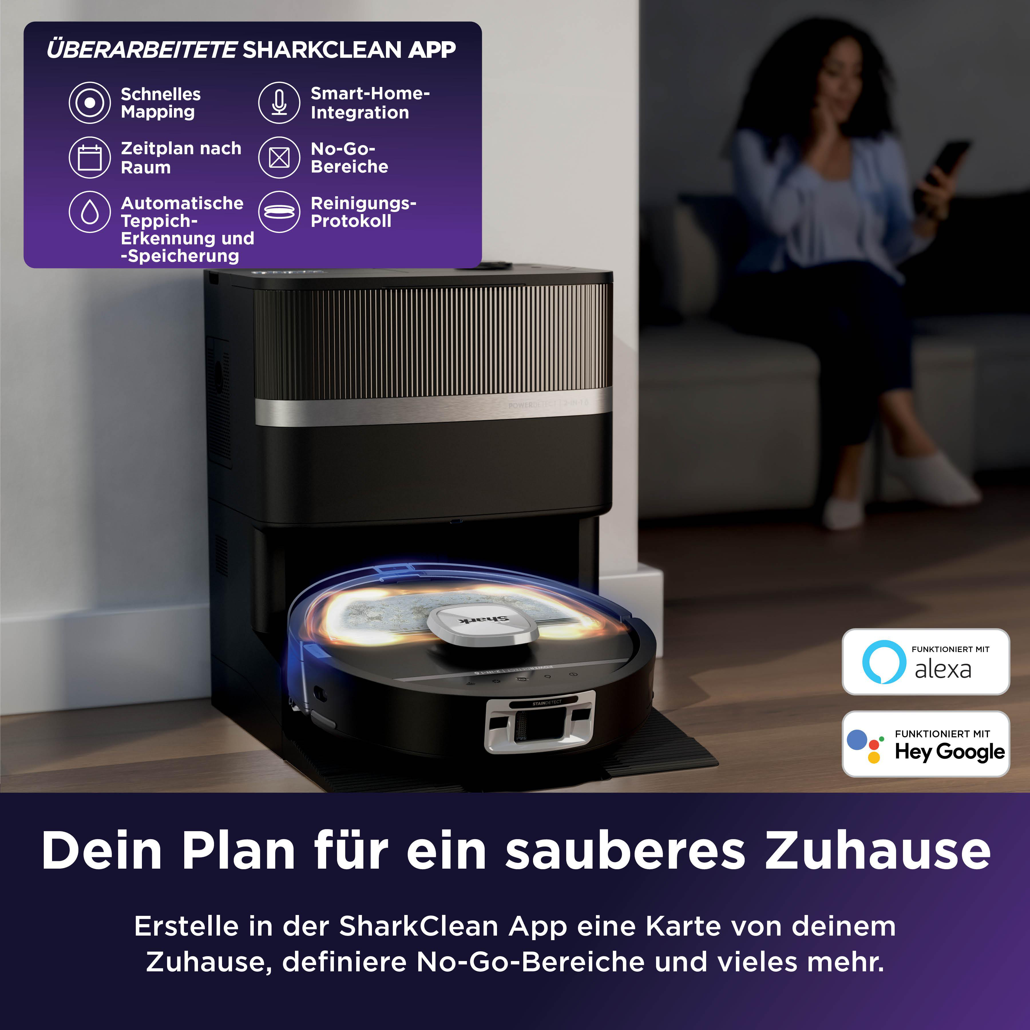 Ein Saugroboter mit Ladestation und App-Funktionen. Funktioniert mit Alexa & Google.