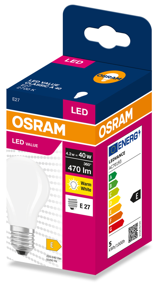 Osram LED izzó csomagolásban, meleg fehér, E27 foglalat, E energiaosztály.