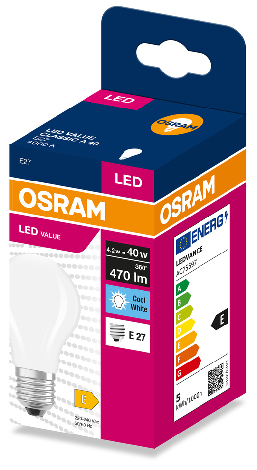 OSRAM LED izzó, E27, 4.2W, 470lm, Hűvös Fehér, E energiahatékonysági osztály.