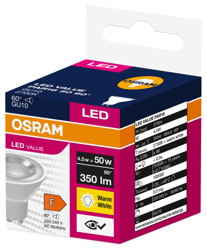 OSRAM LED izzó PAR16 GU10, 4.5W, 350lm, 2700K Meleg Fehér.