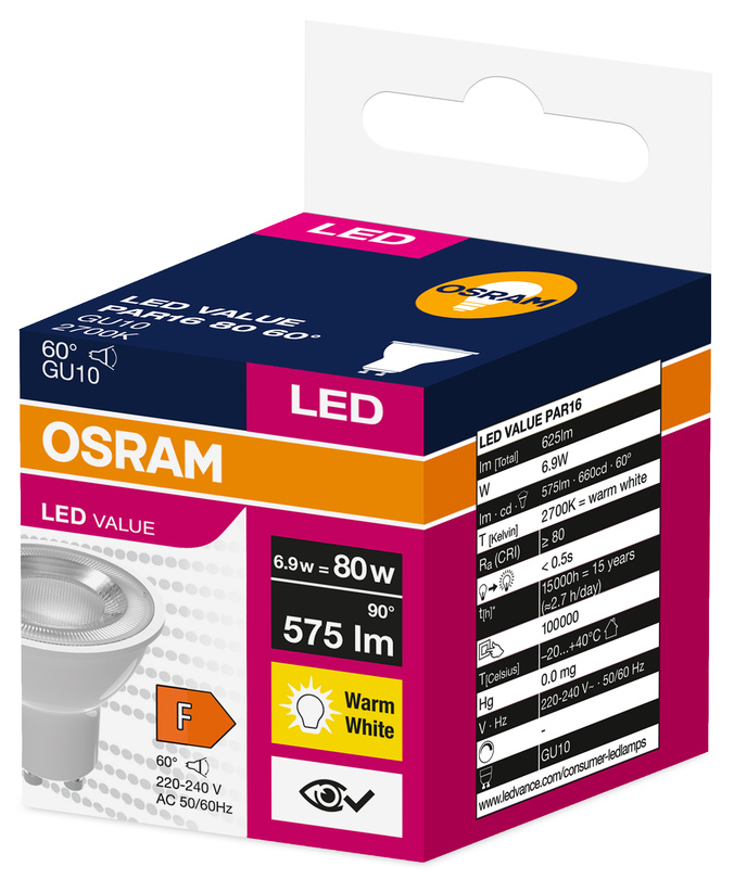 OSRAM LED-izzó csomagolása részletes specifikációkkal és az izzó képével.