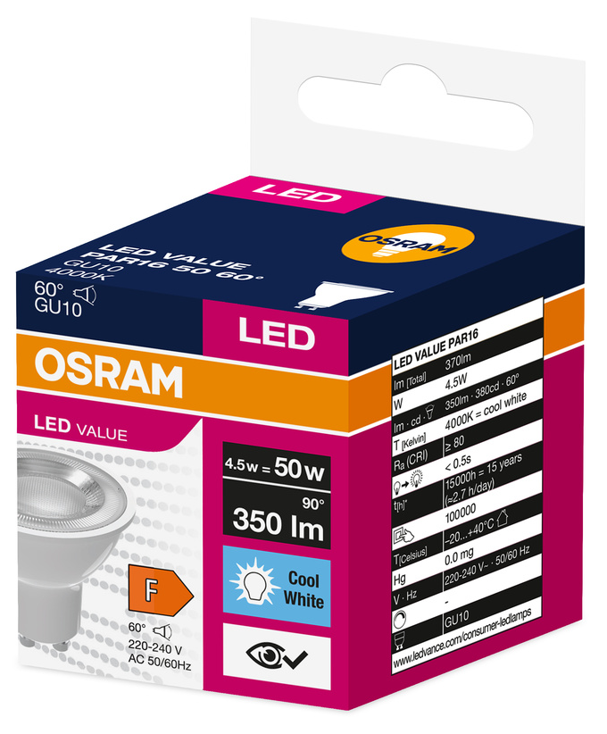 OSRAM LED PAR16 GU10 izzó, 4.5W, 350lm, 4000K Cool White.