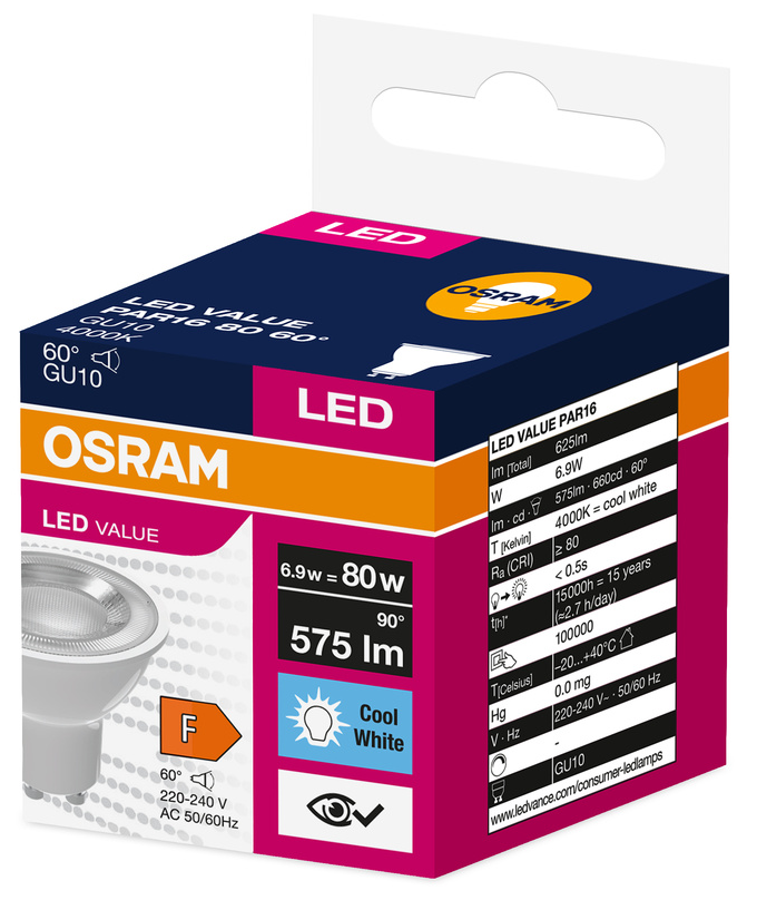 OSRAM LED PAR16 izzó 6.9W GU10 4000K Hideg fehér, F energiahatékonyság.