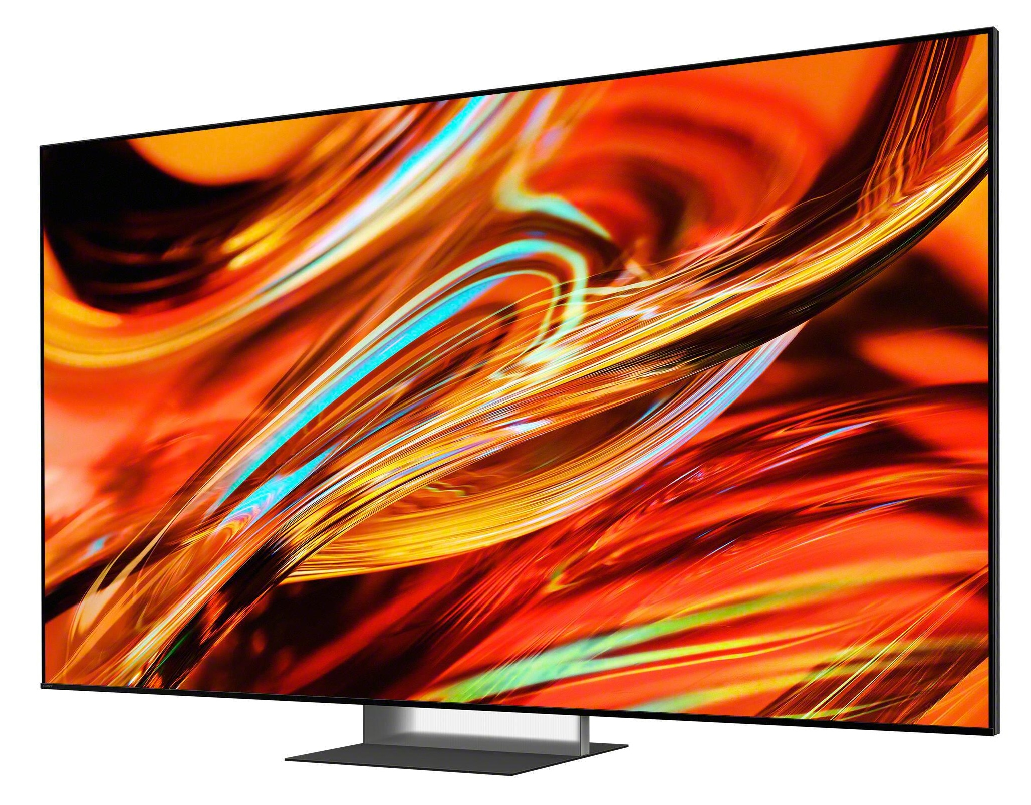 Nowoczesny telewizor wyświetlający dynamiczny, abstrakcyjny obraz w odcieniach pomarańczu i błękitu.